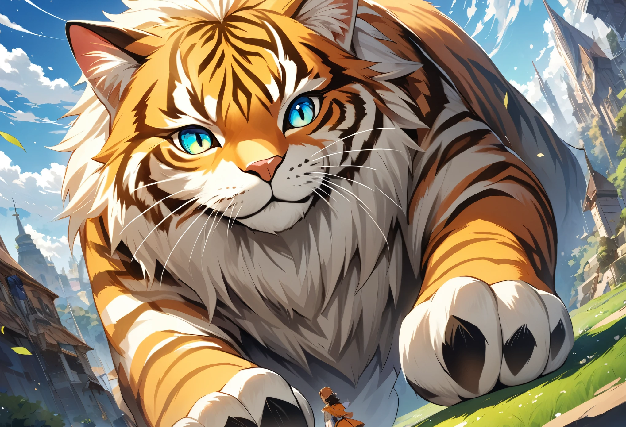 A wide-angle shot showing a young female high school student in a lying happily on the back of a massive, majestic feline creature. The cat has a powerful, muscular body covered in thick, lustrous fur that shimmers in various shades of orange, red, and gold. Its face is regal and leonine, with piercing eyes and a strong, angular jawline. The cat moves with a graceful, effortless stride, its paws leaving no trace as it dashes through the fantastical landscape. The girl clings to the cat’s fur with a joyful, awestruck expression, while the composition places them prominently in the center of the frame, viewed from a frontal perspective. The overall aesthetic has an anime or illustration-like style.