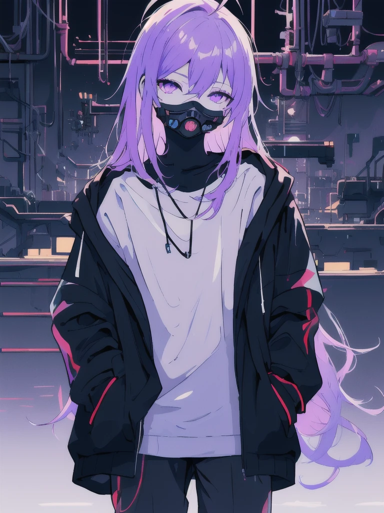 ((masterpiece)), (best quality), ((highres)), 4K, Detailed, (Ambient Light, Digital Art, Soft Lighting, extremely detailed 8K wallpaper:1.2), BREAK 1girl, solo, pale skin, violet eyes, violet hair, ahoge, (absurdly long hair:1.1), flat chest, cyberpunk scenery, black jacket, pants, shirt, night, hand in pocket, looking at viewer, hair between eyes, expressionless, rtx, neon light, black medical mask