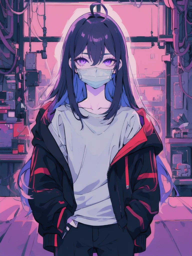 ((masterpiece)), (best quality), ((highres)), 4K, Detailed, (Ambient Light, Digital Art, Soft Lighting, extremely detailed 8K wallpaper:1.2), BREAK 1girl, solo, pale skin, violet eyes, violet hair, ahoge, (absurdly long hair:1.1), flat chest, cyberpunk scenery, black jacket, pants, shirt, night, hand in pocket, looking at viewer, hair between eyes, expressionless, rtx, neon light, black medical mask