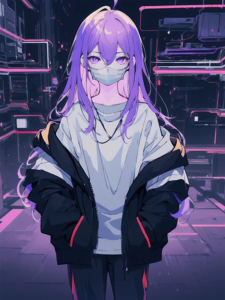 ((masterpiece)), (best quality), ((highres)), 4K, Detailed, (Ambient Light, Digital Art, Soft Lighting, extremely detailed 8K wallpaper:1.2), BREAK 1girl, solo, pale skin, violet eyes, violet hair, ahoge, (absurdly long hair:1.1), flat chest, cyberpunk scenery, black jacket, pants, shirt, night, hand in pocket, looking at viewer, hair between eyes, expressionless, rtx, neon light, black medical mask