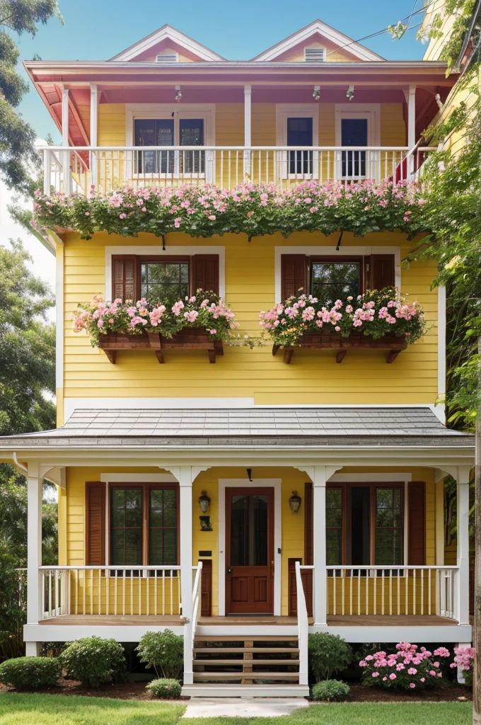 A yellow wooden two-story house with a white porch and a pink flower vine in the window 