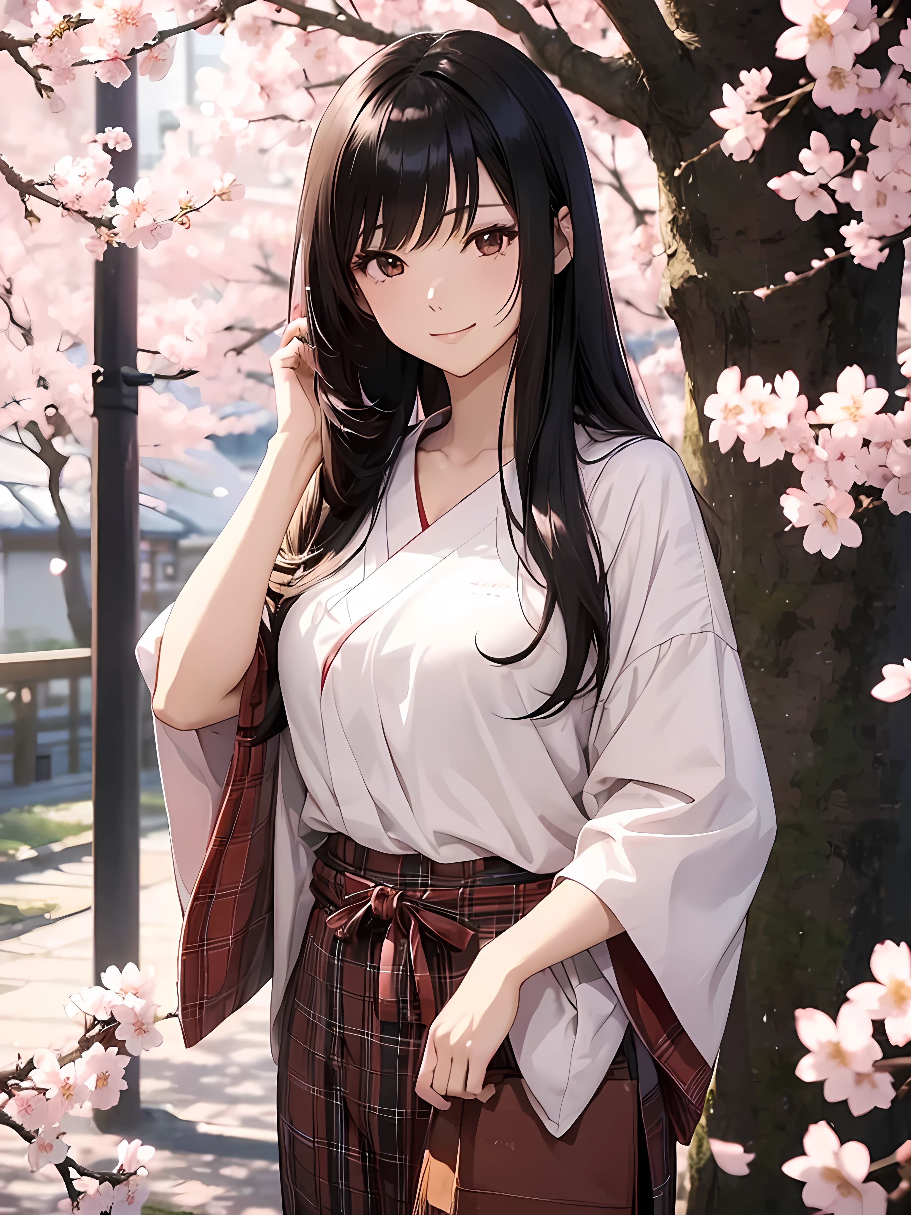 ((anime style)), (beautiful japanese woman), (20 years old), long black hair, brown eyes, (gentle smile), casual modern clothing, cherry blossom background, soft lighting, detailed facial features, (high quality), 8k resolution, masterpiece