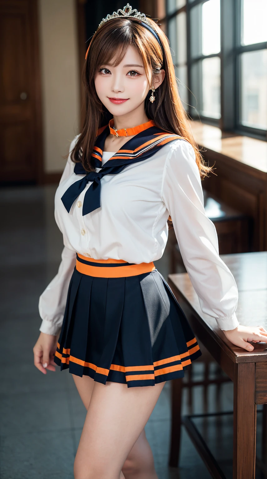 ​highest quality、table top、8k、best image quality、Award-winning work)、one beautiful woman、radiant beautiful skin , masterpiece、top-quality、The ultra -The high-definition、depth of fields、lens flare 1 girl、brown hair, watching at viewers glares, large breasts ( high heels), perfect legs, model pose, smiling , sailor senshi uniform, (orange skirt:1.4), tiara, (orange sailor collar:1.4), blue bow, orange choker
