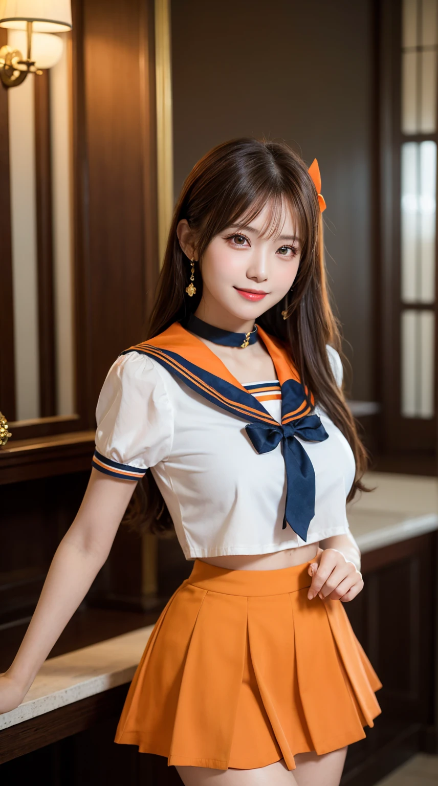 highest quality、table top、8k、best image quality、Award-winning work)、one beautiful woman、radiant beautiful skin , masterpiece、top-quality、The ultra -The high-definition、depth of fields、lens flare 1 girl、brown hair, watching at viewers glares, large breasts ( high heels), perfect legs, model pose, smiling , sailor senshi uniform, (orange skirt:1.4), tiara, (orange sailor collar:1.4), blue bow, orange choker