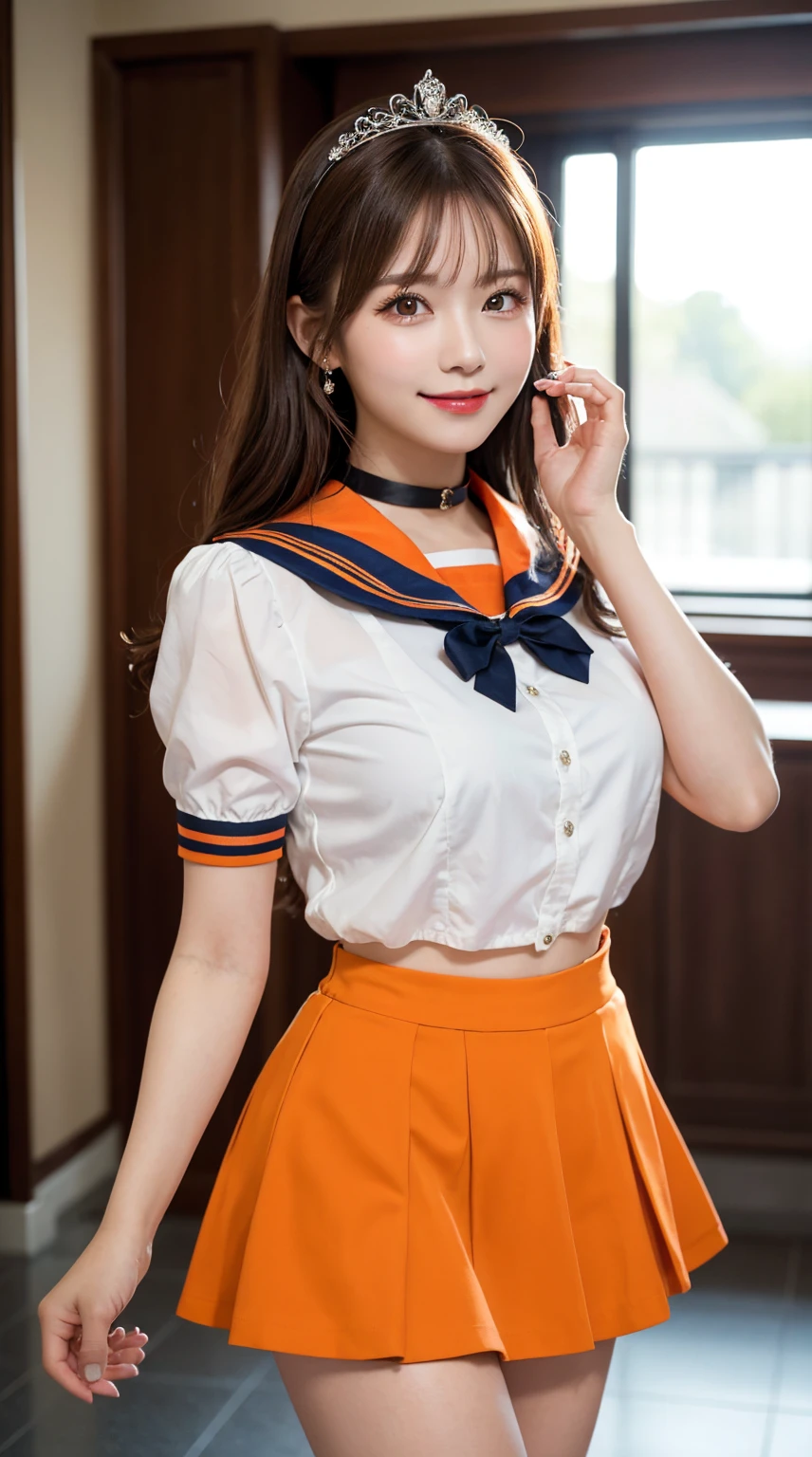 highest quality、table top、8k、best image quality、Award-winning work)、one beautiful woman、radiant beautiful skin , masterpiece、top-quality、The ultra -The high-definition、depth of fields、lens flare 1 girl、brown hair, watching at viewers glares, large breasts ( high heels), perfect legs, model pose, smiling , sailor senshi uniform, (orange skirt:1.4), tiara, (orange sailor collar:1.4), blue bow, orange choker