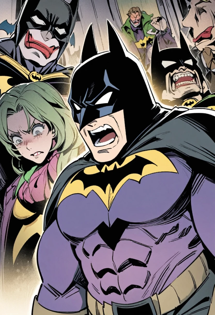 Batman, from front, super fine, middle-aged man, hunk, looking down and mouth wide open with shocked face, Batman's crotch get pinched by Joker, Batman's crotch squeezed by many Joker,