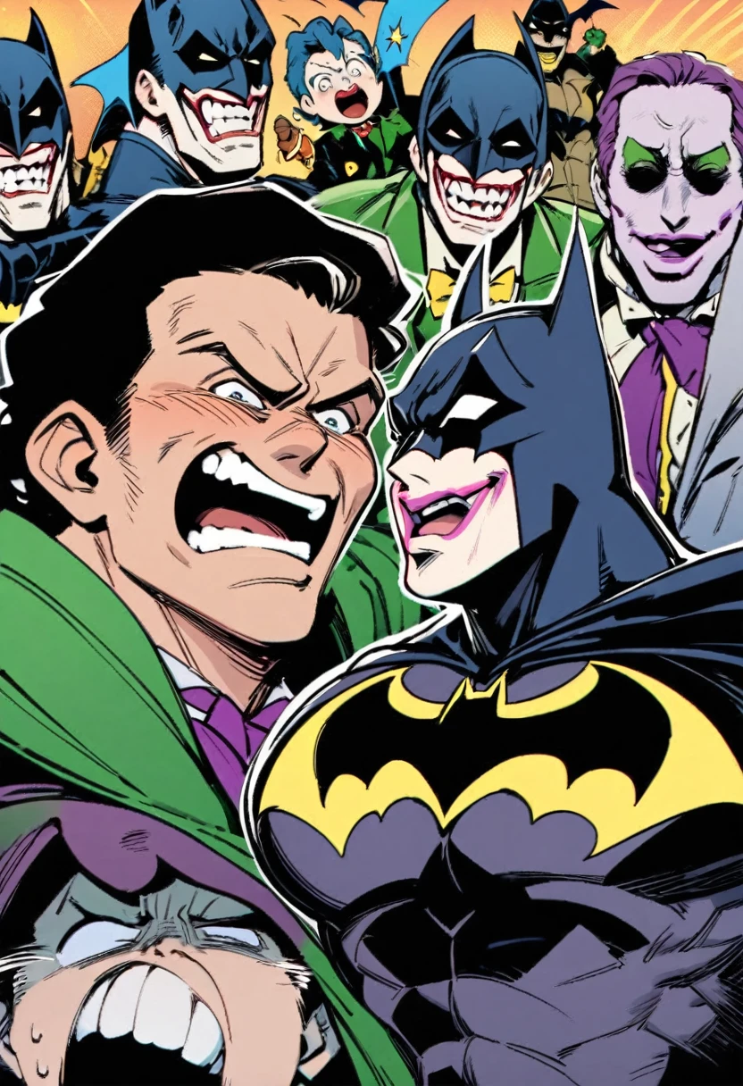 Batman, from front, super fine, middle-aged man, hunk, looking down and mouth wide open with shocked face, Batman's crotch get pinched by Joker, Batman's crotch squeezed by many Joker,