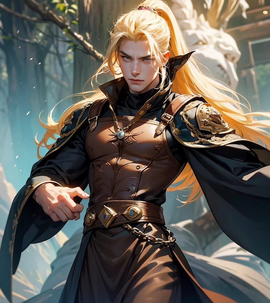 (((Single character image.))) (((1boy))) (((Luxurious hair and sexy smirk.))) (((18 years old.))) (((18yo.))) Very sexy. Stud. ((This character has a body that inspires lust.))) (((He looks very rowdy and tough.))) (((Alpha male body.))) Generate a charismatic and attractive man in a high fantasy realm. He should exude rugged, dashing charm. Dresses like a D&D character. Long blond hair. This character must embody thrilling and exciting qualities, but his arrogance should be evident in his posture and expression.His attire should be a dazzling blend of high fantasy aesthetics, revealing a captivating, rugged bravado style that mirrors his exciting personality. Looks like an MMA fighter redesigned as a fantasy character. Long flowing hair and tattoos. Capture the essence of a character who thrives on the thrill of the unknown, the exciting hero of epic tales, and the enigmatic heartthrob that leaves an indelible mark on the fantasy landscape. fantasy NPC, ultra detailed, epic masterpiece, ultra detailed, intricate details, digital art, unreal engine, 8k, ultra HD, centered image award winning, fantasy art concept, digital art, centered image, flirting with viewer, best quality:1.0,hyperealistic:1.0,photorealistic:1.0,madly detailed CG unity 8k wallpaper:1.0,masterpiece:1.3,madly detailed