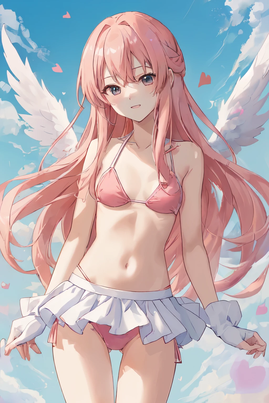 1_girl, (anime, kawai:2), (masterpeice, best_quality, clean:1.5), (sky_background:1.2), (cute, cute_smile, young:1.5), (delicate, beautiful, thin:1.5), (girlfriend, angel:1.8), (green_eyes, simple_eyes:1.5) (long_hair, blond_hair, wearing_pink_dress, pink_angel_wings, sexy_gloves:1.5), extremely_delicate, (love_magic:1.5), (age_size_fits_body), (small_thighs:1.3), (breasts), (eye_level:1.3), (heart_magic, love:1.5), (bikini:1.5)