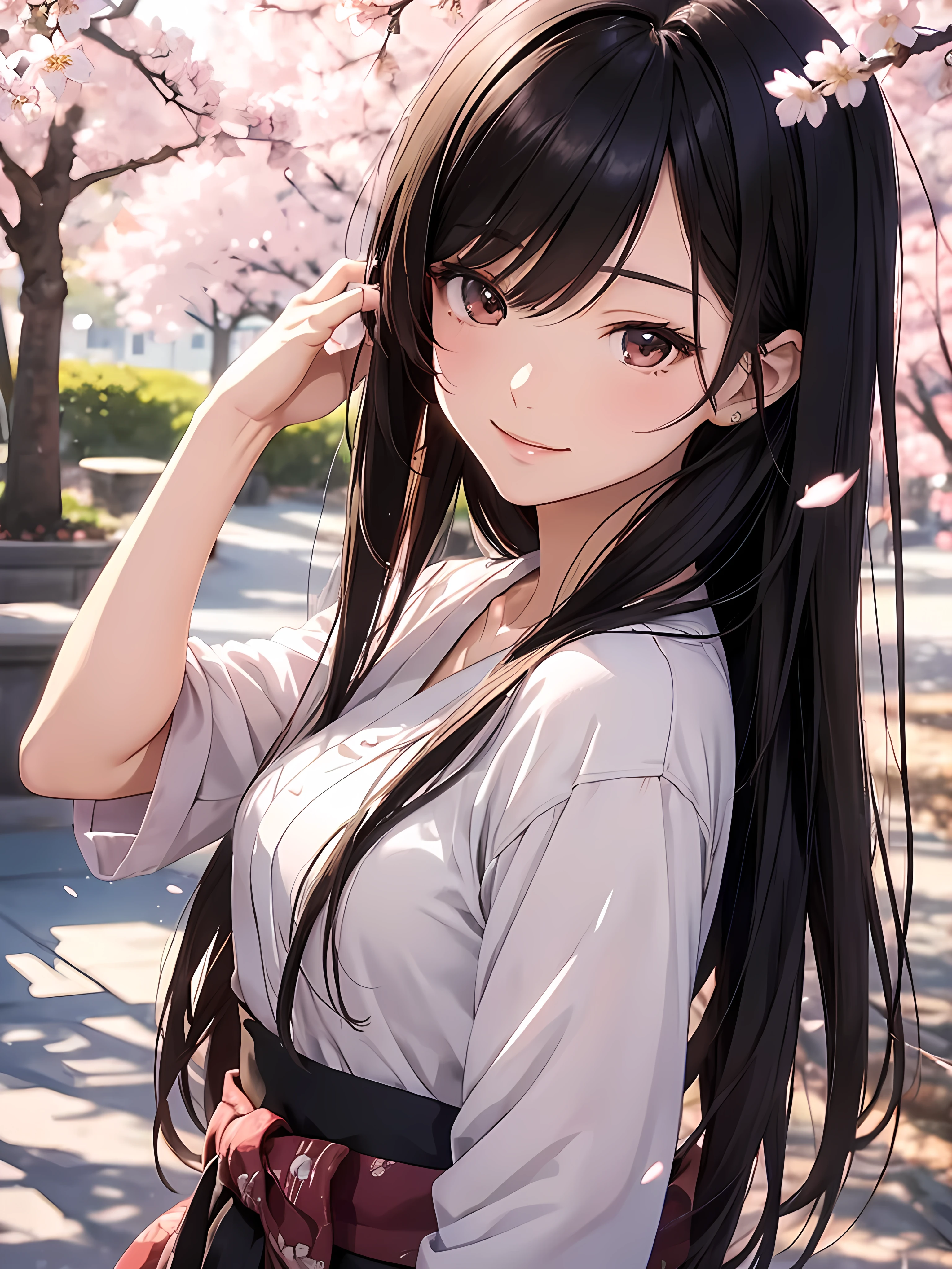 ((anime style)), (beautiful japanese woman), (20 years old), long black hair, brown eyes, (gentle smile), casual modern clothing, cherry blossom background, soft lighting, detailed facial features, (high quality), 8k resolution, masterpiece