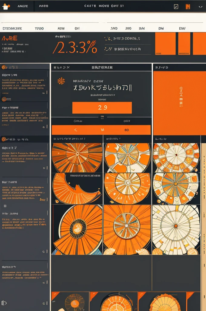 Mosaic of graphs and charts: Create a mosaic-style design using Tableau's brand colors, orange and white. Combine various data visualizations such as bar graphs, line charts, and pie charts to represent the diversity of data analysis.