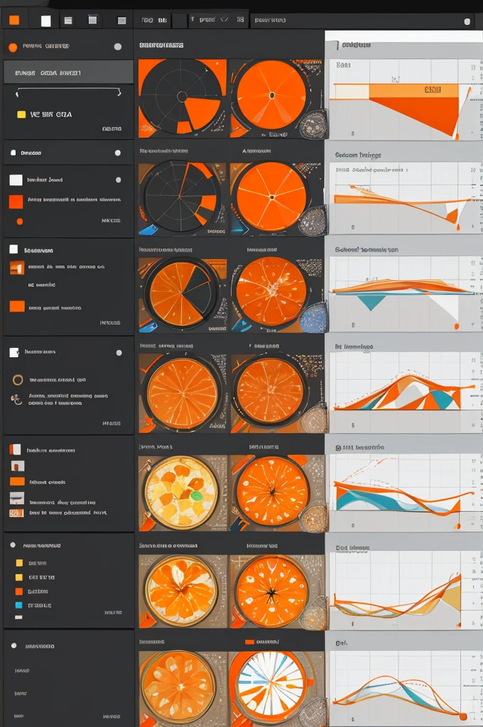 Mosaic of graphs and charts: Create a mosaic-style design using Tableau's brand colors, orange and white. Combine various data visualizations such as bar graphs, line charts, and pie charts to represent the diversity of data analysis.