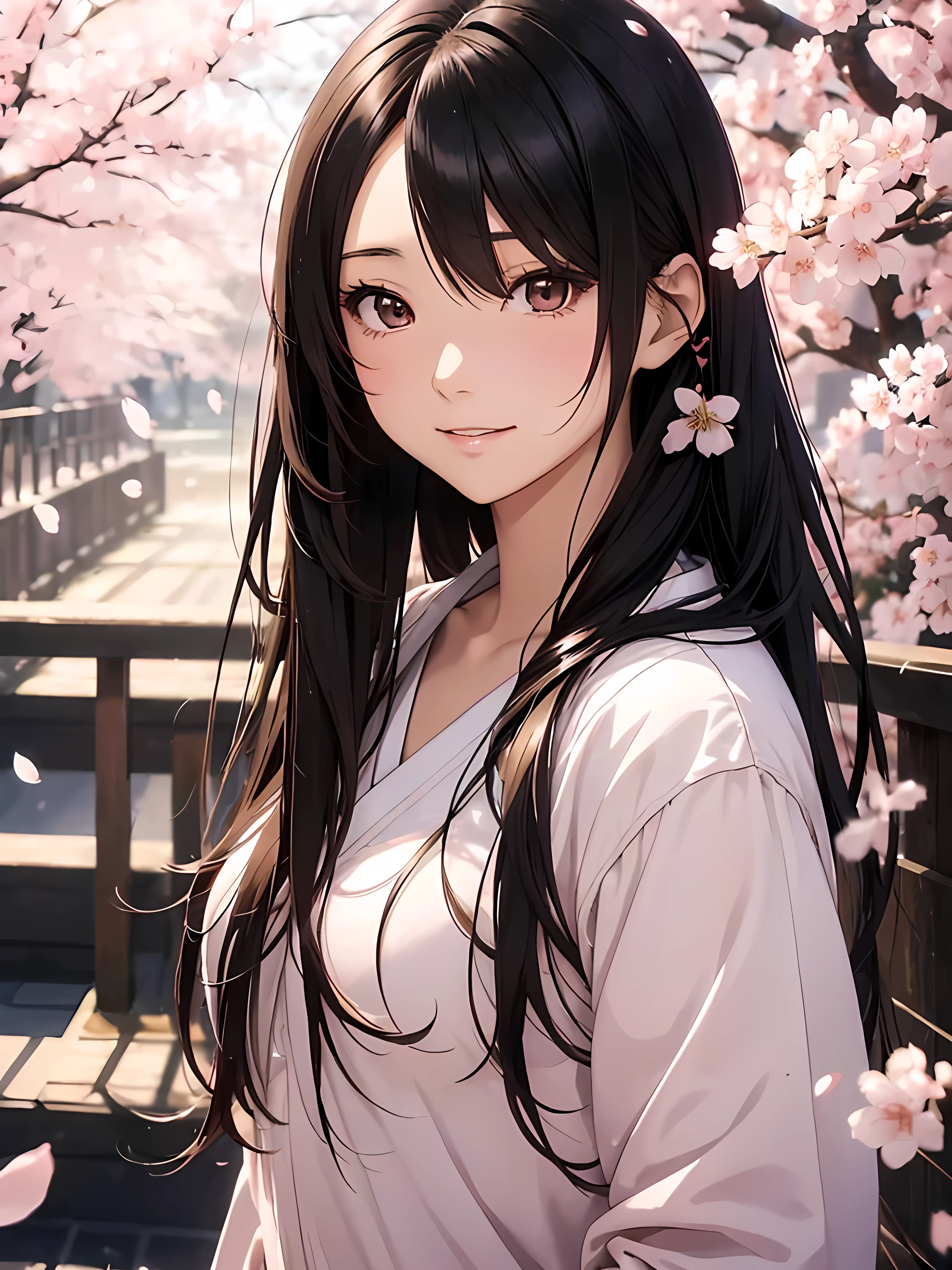 ((anime style)), (beautiful japanese woman), (20 years old), long black hair, brown eyes, (gentle smile), casual modern clothing, cherry blossom background, soft lighting, detailed facial features, (high quality), 8k resolution, masterpiece