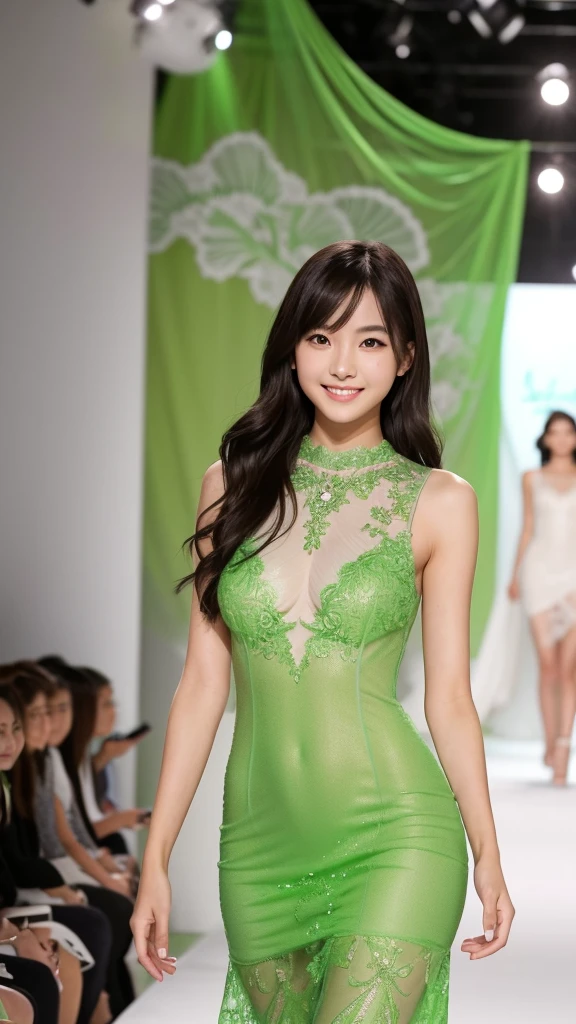 Amazingly large eyes、Smiling face、Large Bust、Slender and white skin、Long hair Japanese woman、20-year-old、Slim figure、A sexy, sheer, bright green mermaid dress with a mini length and sheer lace all over.、Bright photo images、Walking towards me down the runway at a fashion show。