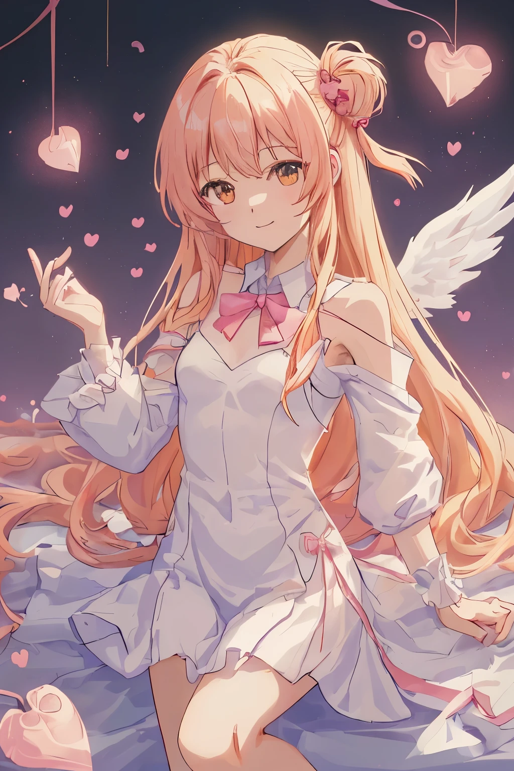 1_girl, (anime, kawai:2), (masterpeice, best_quality, simple, cute, dreamy, vibrant, clean:1.5), (cute, cute_smile, young:1.8), (delicate, beautiful, thin:1.5), (girlfriend, angel:1.6), (green_eyes, simple_eyes:1.5) (long_hair, blond_hair, wearing_pink_dress, pink_angel_wings, sexy_gloves:1.5), extremely_delicate, (love_magic:1.5), (age_size_fits_body), (small_thighs:1.3), (breasts), (eye_level:1.3), (heart_magic, love:1.5),
