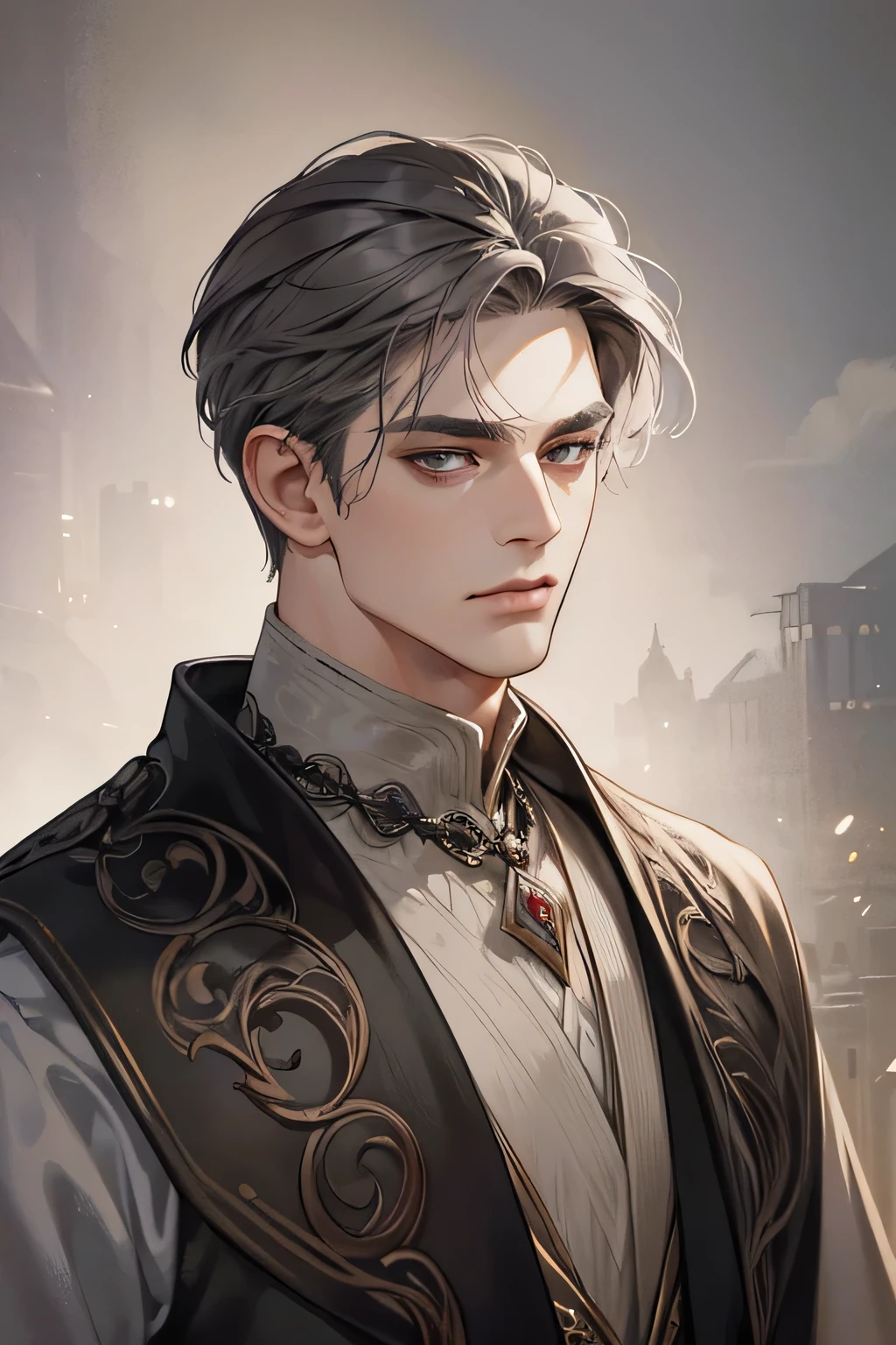 (Best quality),1 man, male, old man, very tall, elegant, (((short medium dark grey hair))), dark brown eyes, perfect eyes, lilac hair, medieval fantasy style, richly textured background, soft lighting, portrait style, painting style, half body, look at camera view, brown eyes