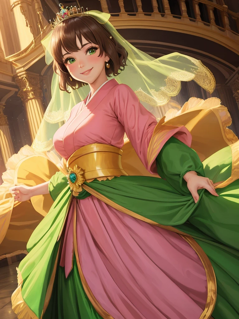 masterpiece, best quality:1.2), 1girl, smile, looking at viewer, green eyes, short brown hair, princess, princess dress, wearing puffy pink ballgown reaching the floor, green kimono, golden tiara with veil, standing in ballroom of medieval castle