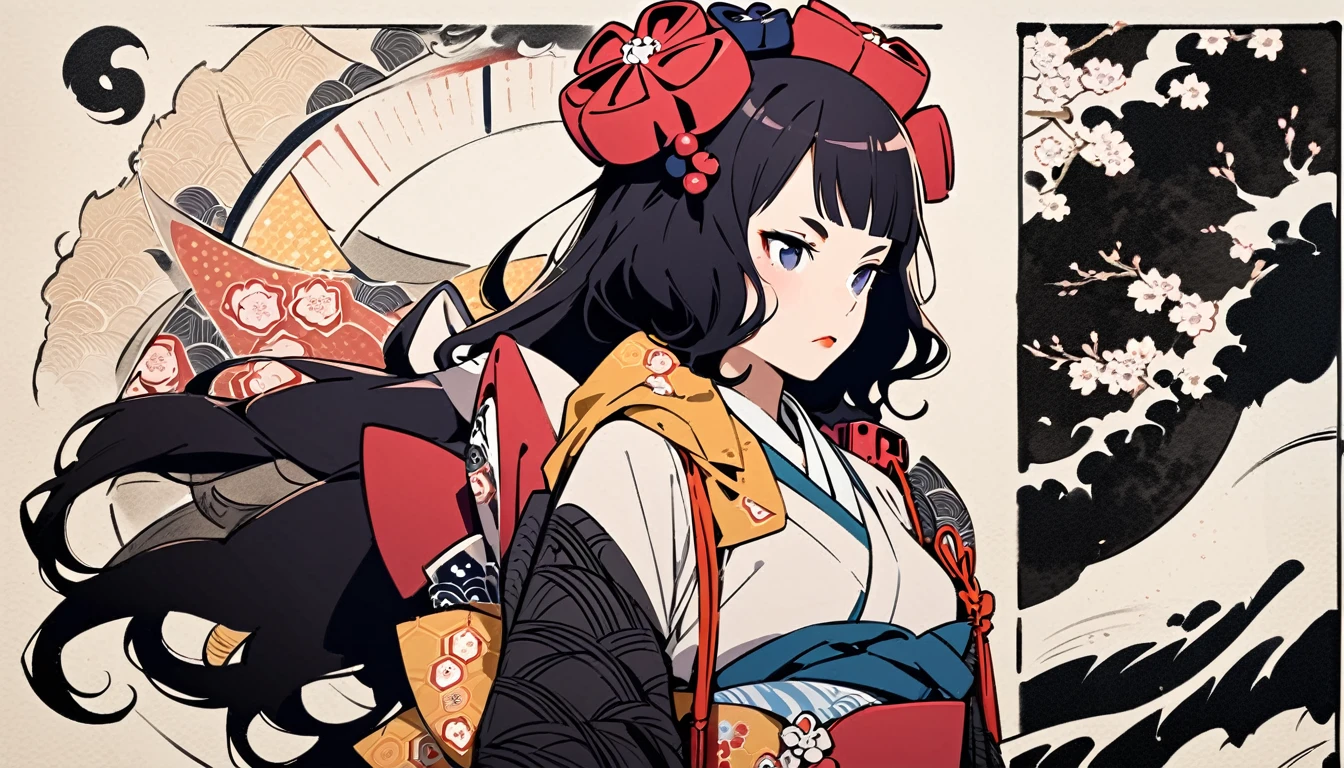 (((Highest quality))), (((Katsushika Hokusai))), (((Ink Painting))), ((very straight longhair)), ((1 girl)), ((cherry blossoms)), ((beautiful girl)), Japanese style headphones, Black Hair, Delicate and precise, Modern ukiyo-e style, Thor