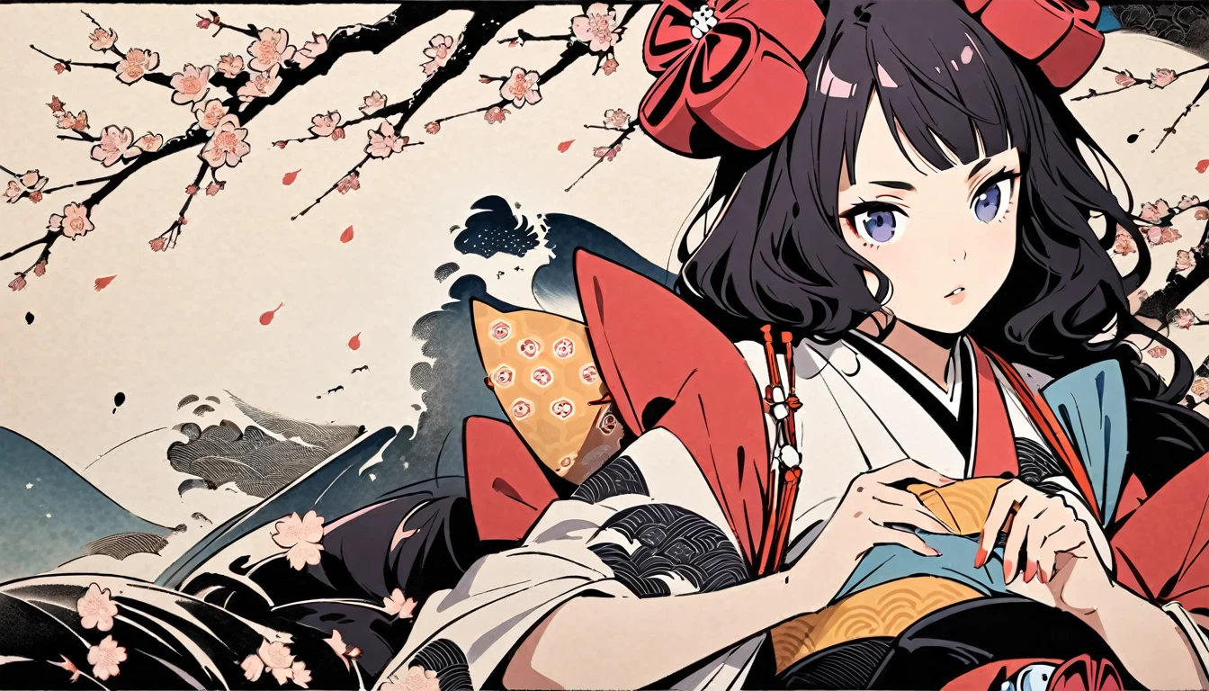 (((Highest quality))), (((Katsushika Hokusai))), (((Ink Painting))), ((very straight longhair)), ((1 girl)), ((cherry blossoms)), ((beautiful girl)), Japanese style headphones, Black Hair, Delicate and precise, Modern ukiyo-e style, Thor