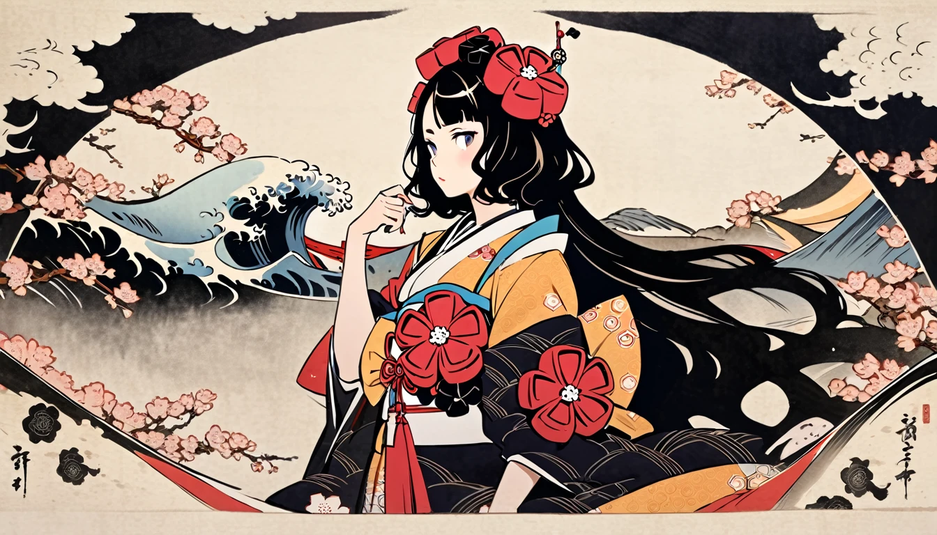 (((Highest quality))), (((Katsushika Hokusai))), (((Ink Painting))), ((very straight longhair)), ((1 girl)), ((cherry blossoms)), ((beautiful girl)), Japanese style headphones, Black Hair, Delicate and precise, Modern ukiyo-e style, Thor