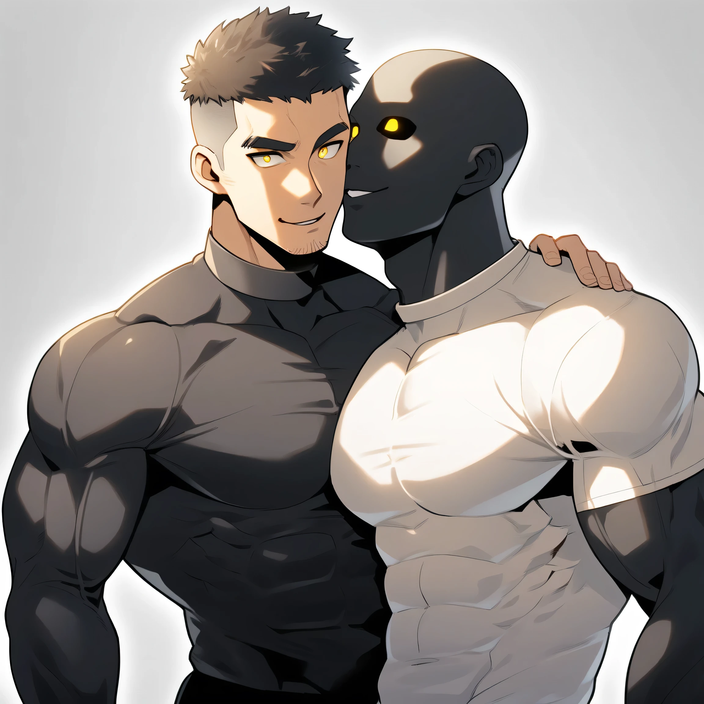 anime characters:Two superheroes in tights, Muscle Sports Student and Muscle No Face No Eyes skinhead superhero, No Face,negro black skin, They hugged and kissed each other, Bite your neck, Caress, Manliness, male focus, Yellow and black high collar long sleeve tight T-shirt, Slightly transparent material, Very tight, Round, full and perky chest muscles, Muscle waist, Slightly transparent, muscular male, muscular, only, Upper body, alone, Black short hair, Thick eyebrows, stubble, Yellow eyes, Grey background, simple background, amazing quality, best aesthetics, Ridiculous, bright pupils, crew cut, parted lips, seductive smile, torogao, naughty face, drop shadow, best quality