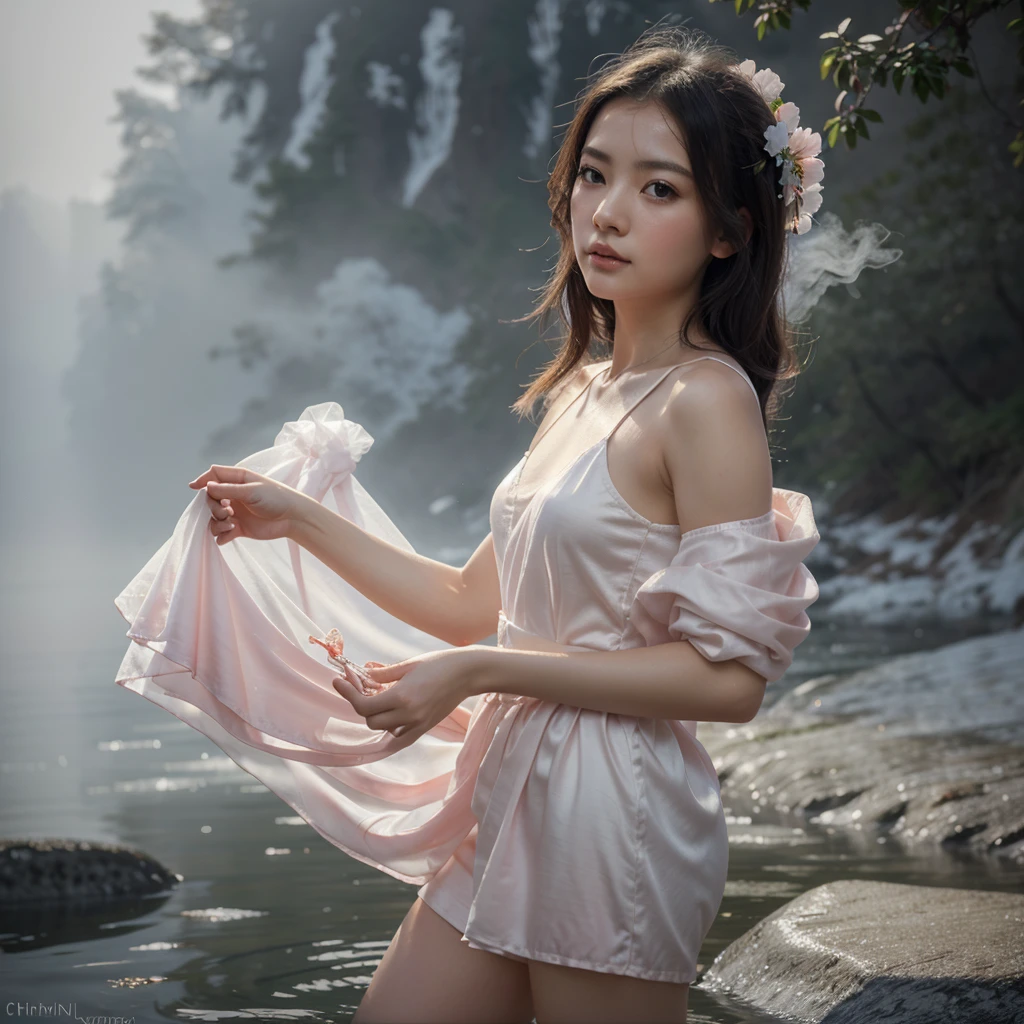impasto oil watercolor, alcohol painting, graceful beautiful gorgeous Chinese girl,
full of radiant love, merciful, holy and pure soul of the fairy, dressed in silk,
by Pino Daeni, chiaroscuro, 3d arctic white and pink diaphanous smoke
and glacial white swirling diaphanous fog, romantic impressionism,
high saturation, white background, 8k