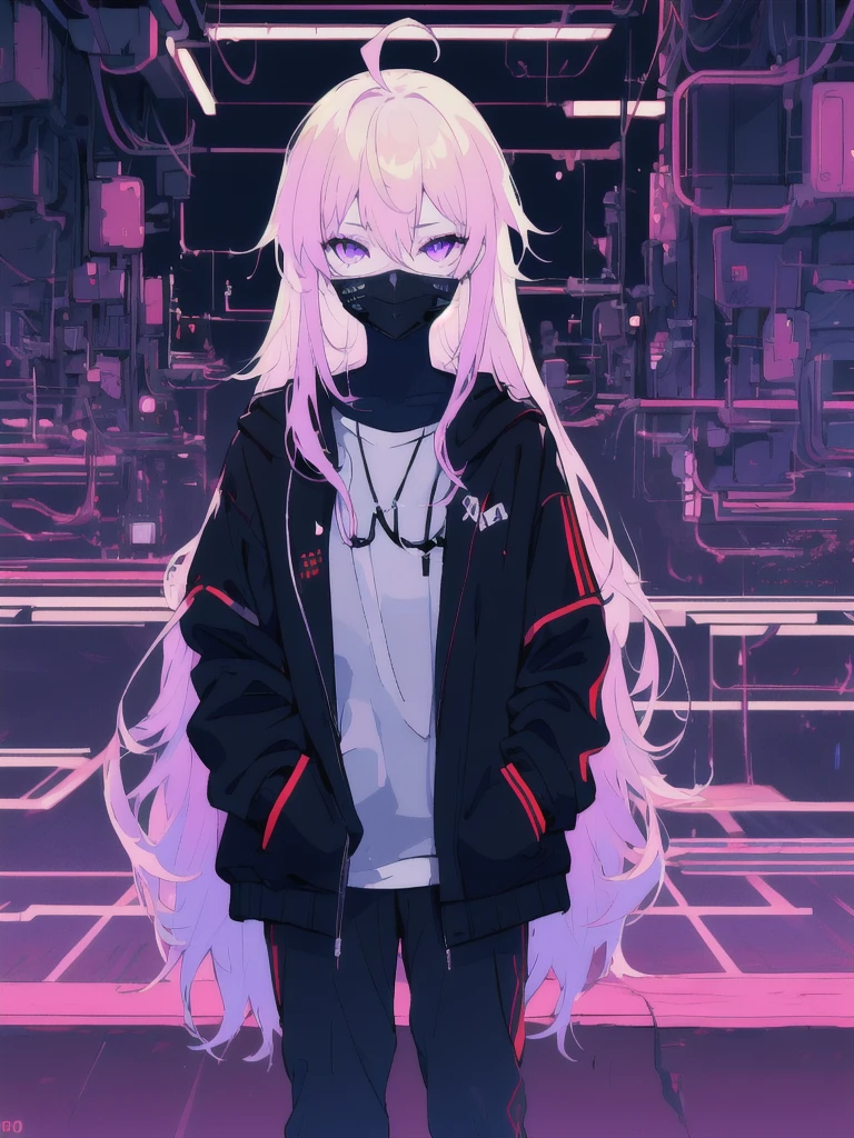 ((masterpiece)), (best quality), ((highres)), 4K, Detailed, (Ambient Light, Digital Art, Soft Lighting, extremely detailed 8K wallpaper:1.2), BREAK 1girl, solo, pale skin, violet eyes, violet hair, ahoge, (absurdly long hair:1.1), flat chest, cyberpunk scenery, black jacket, pants, shirt, night, hand in pocket, looking at viewer, hair between eyes, expressionless, rtx, neon light, black medical mask