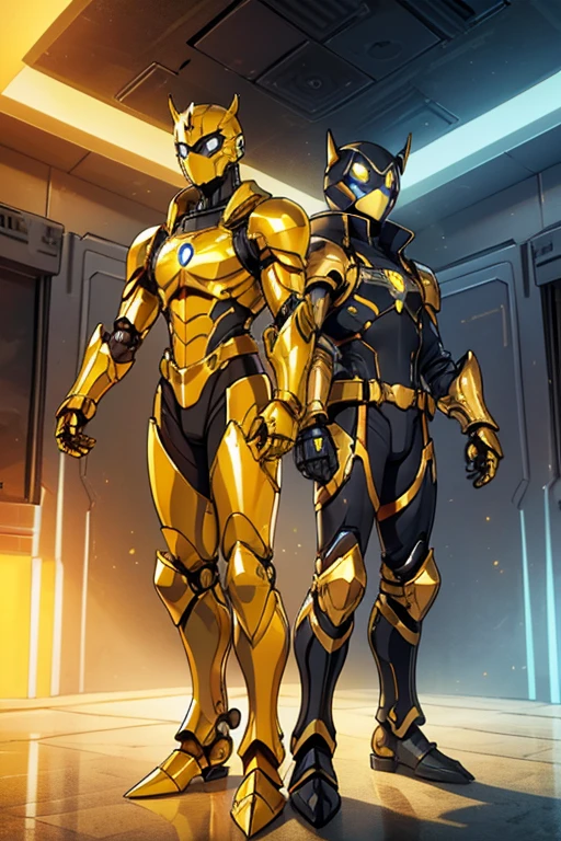 golden yellow body, blue eyes, robotic, robot, (((1boy))), (((golden yellow metal armor))), (black clawed cybernetic gauntlets), (black cybernetic boots), (faceless mask), (golden yellow hip guards)