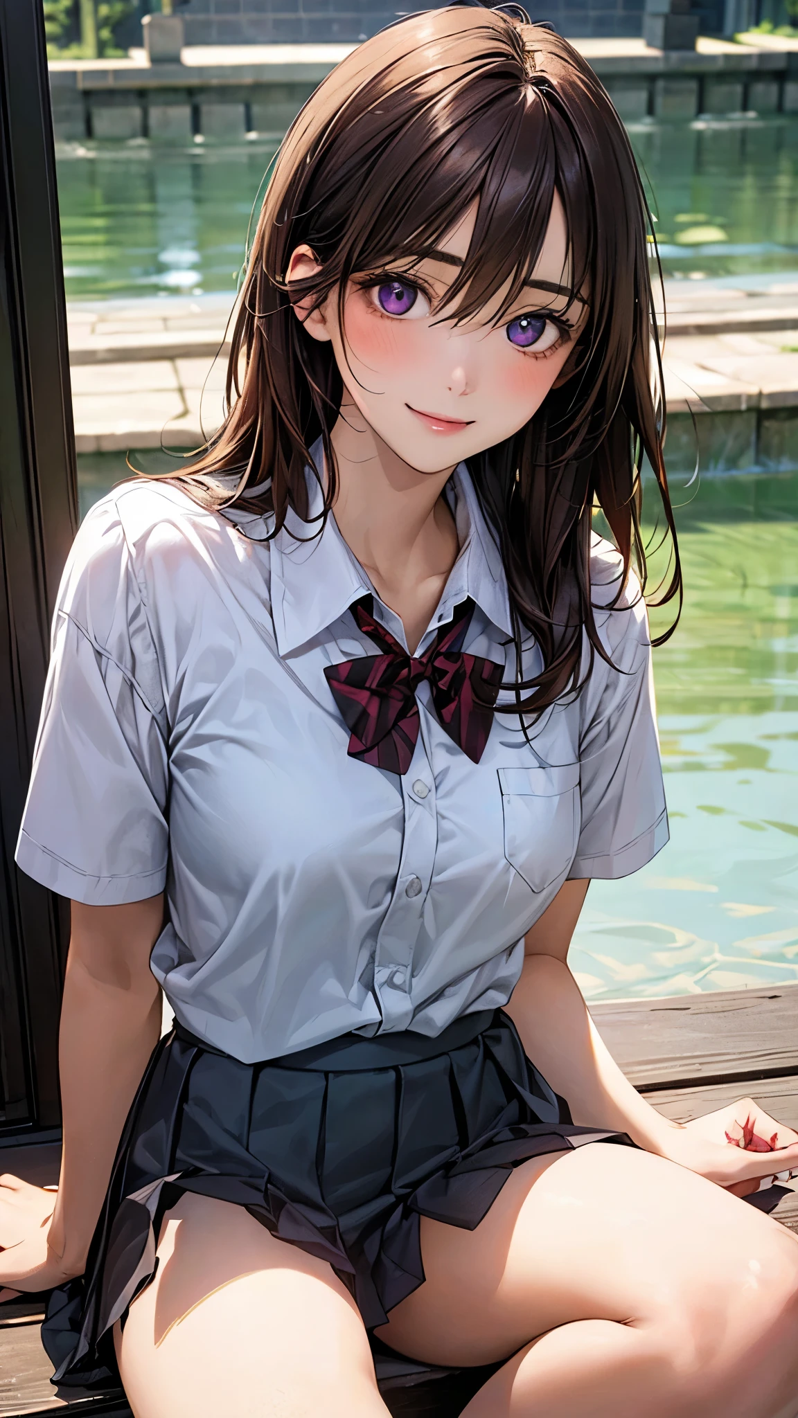 (masterpiece:1.2, top-quality), (realistic, photorealistic:1.4), beautiful illustration, (natural side lighting, movie lighting), nsfw, 
looking at viewer, cowboy shot, front view:0.6, 1 girl, japanese, high school girl, perfect face, cute and symmetrical face, shiny skin, 
(long hair:1.5, side ponytail:1.4, brown hair), hair over one eye, maroon eyes, long eye lasher, (large breasts:0.6, thick thighs), 
beautiful hair, beautiful face, beautiful detailed eyes, beautiful clavicle, beautiful body, beautiful chest, beautiful thigh, beautiful legs, beautiful fingers, 
((collared short sleeve shirt, white shirt, school uniform, grey plaid pleated skirt, blue plaid bow tie)), white panties, 
(beautiful scenery), school, (squatting, lift up skirt, grab the hem of the skirt, hands on chest, hand between legs), (lovely smile, upper eyes), 