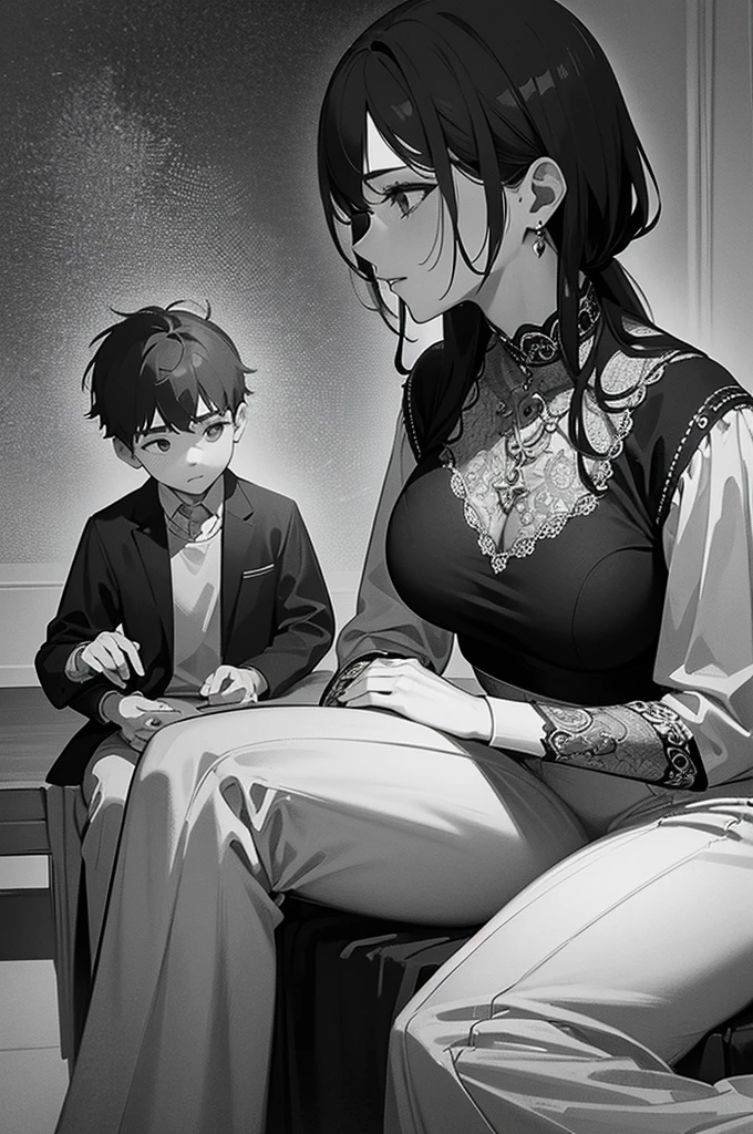 (((8k))), ((best quality)), ((masterpiece)), ((very high detailed)), ((very high detailed fantasy of mother and son together:1.6)), ((son and mother as a couple portrait)), mom standing in front of her son showing her lingerie, son sit in the chair watching his mother body, mom face is flushing, 8k, cinematic light, realistic photo, octane rendering, centered, Masterpiece, 35mm,