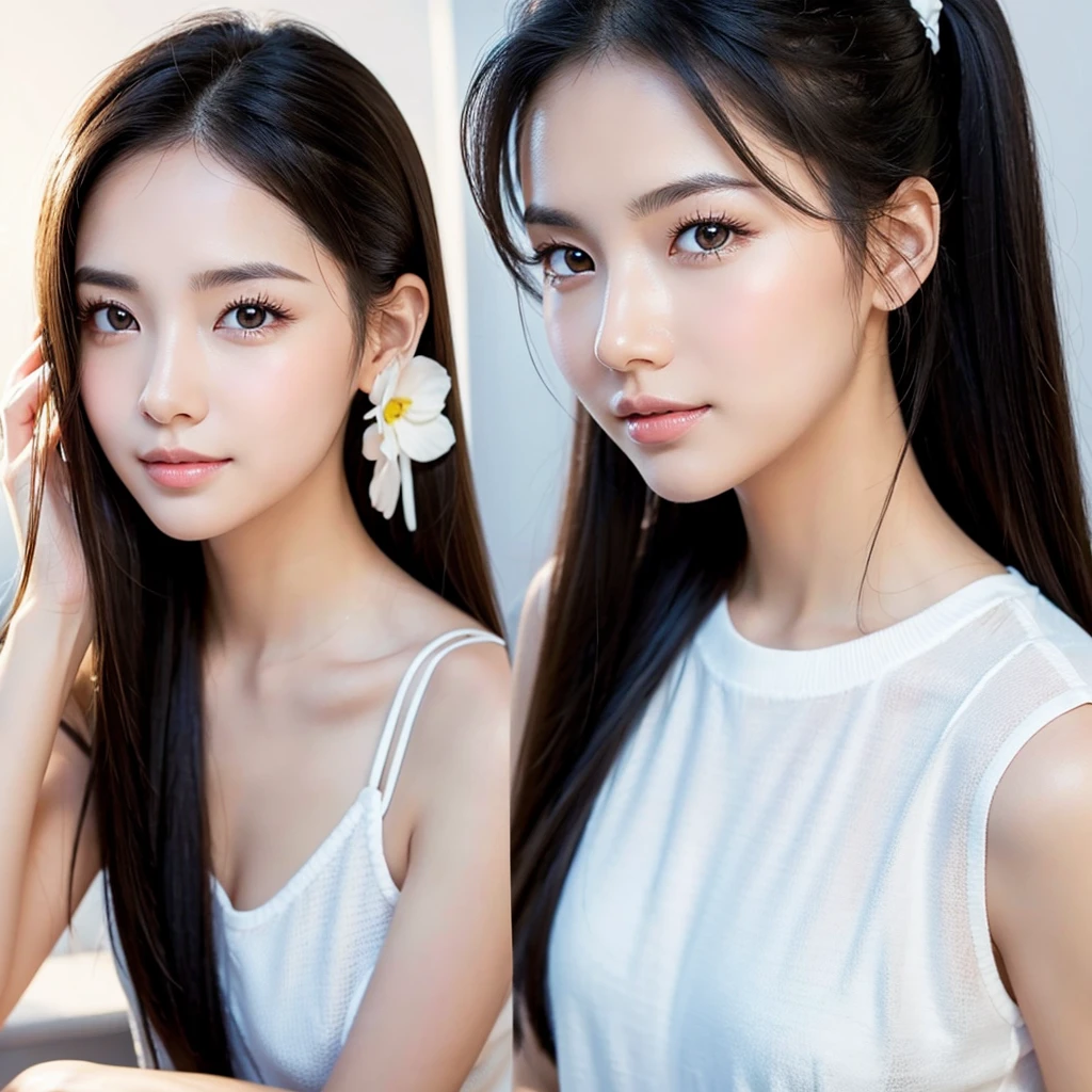 You have a pretty face，White skin，Light eyebrows，A pair of clear and bright eyes，Always shining with gentle light。Your nose is straight，Slightly upturned lips，Always with a faint smile，Makes people feel very friendly。Your hair is black and shiny，Always wear a ponytail，Looks very refreshing and neat。You like to wear simple and comfortable clothes，I don&#39;t like to dress too fancy.，Gives a fresh and natural feeling。