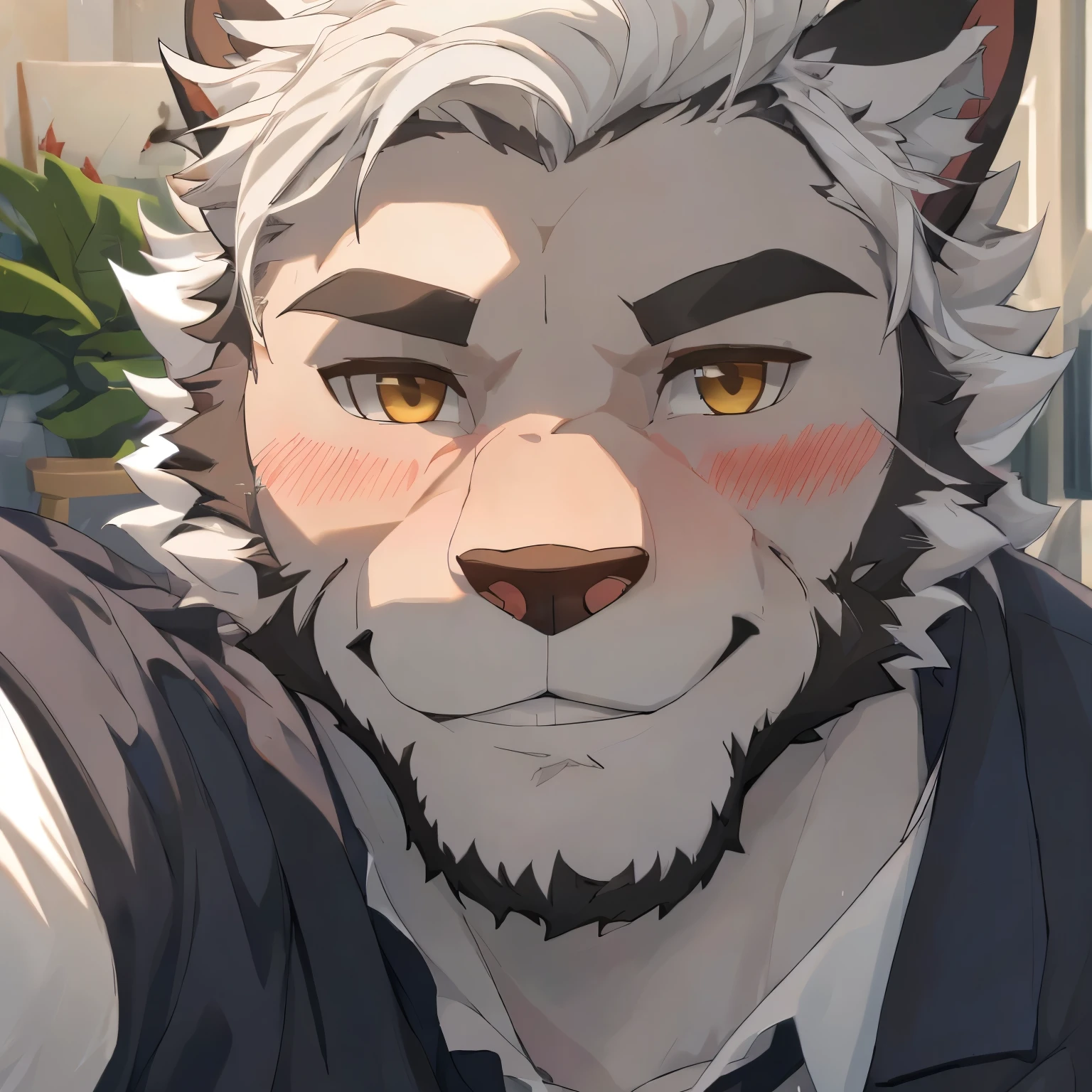 （masterpiece），（Very detailed），（best quality），hairy，Wolf，gray fur，white hair，golden pupiluscular，Smile（Blushing 1.1），（black casual wear 1.2），（（Selfie of two boys）），8k，（Face close-up 1.5），（（high quality））