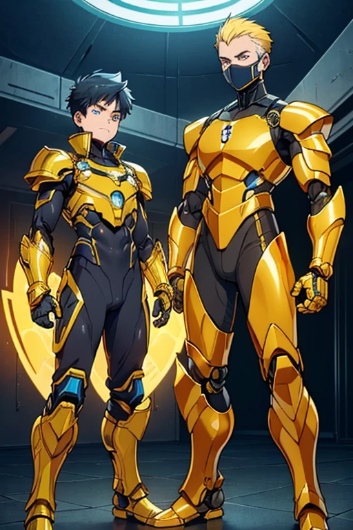 golden yellow body, blue eyes, robotic, robot, (((1boy))), (((golden yellow metal armor))), (black clawed cybernetic gauntlets), (black cybernetic boots), (faceless mask), (golden yellow hip guards)