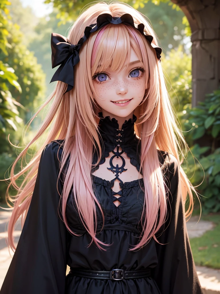 (best quality), 1girl, female, sun kissed skin, blonde hair, medium hair, swept bangs, pink streaked hair, brown eyes, perfect eyes, freckles, , (gothic clothes), slender, smile, small bust, masterpiece, anatomically correct, highres