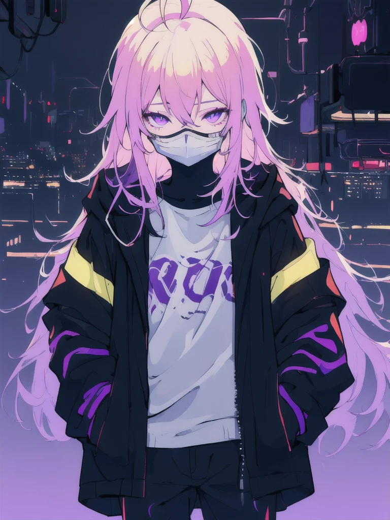 ((masterpiece)), (best quality), ((highres)), 4K, Detailed, (Ambient Light, Digital Art, Soft Lighting, extremely detailed 8K wallpaper:1.2), BREAK 1girl, solo, pale skin, violet eyes, violet hair, ahoge, (absurdly long hair:1.1), flat chest, cyberpunk scenery, black jacket, pants, shirt, night, hand in pocket, looking at viewer, hair between eyes, expressionless, rtx, neon light, black medical mask