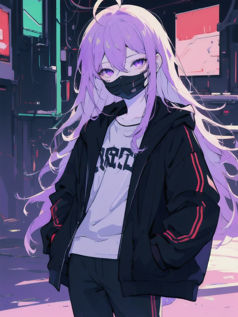 ((masterpiece)), (best quality), ((highres)), 4K, Detailed, (Ambient Light, Digital Art, Soft Lighting, extremely detailed 8K wallpaper:1.2), BREAK 1girl, solo, pale skin, violet eyes, violet hair, ahoge, (absurdly long hair:1.1), flat chest, cyberpunk scenery, black jacket, pants, shirt, night, hand in pocket, looking at viewer, hair between eyes, expressionless, rtx, neon light, black medical mask