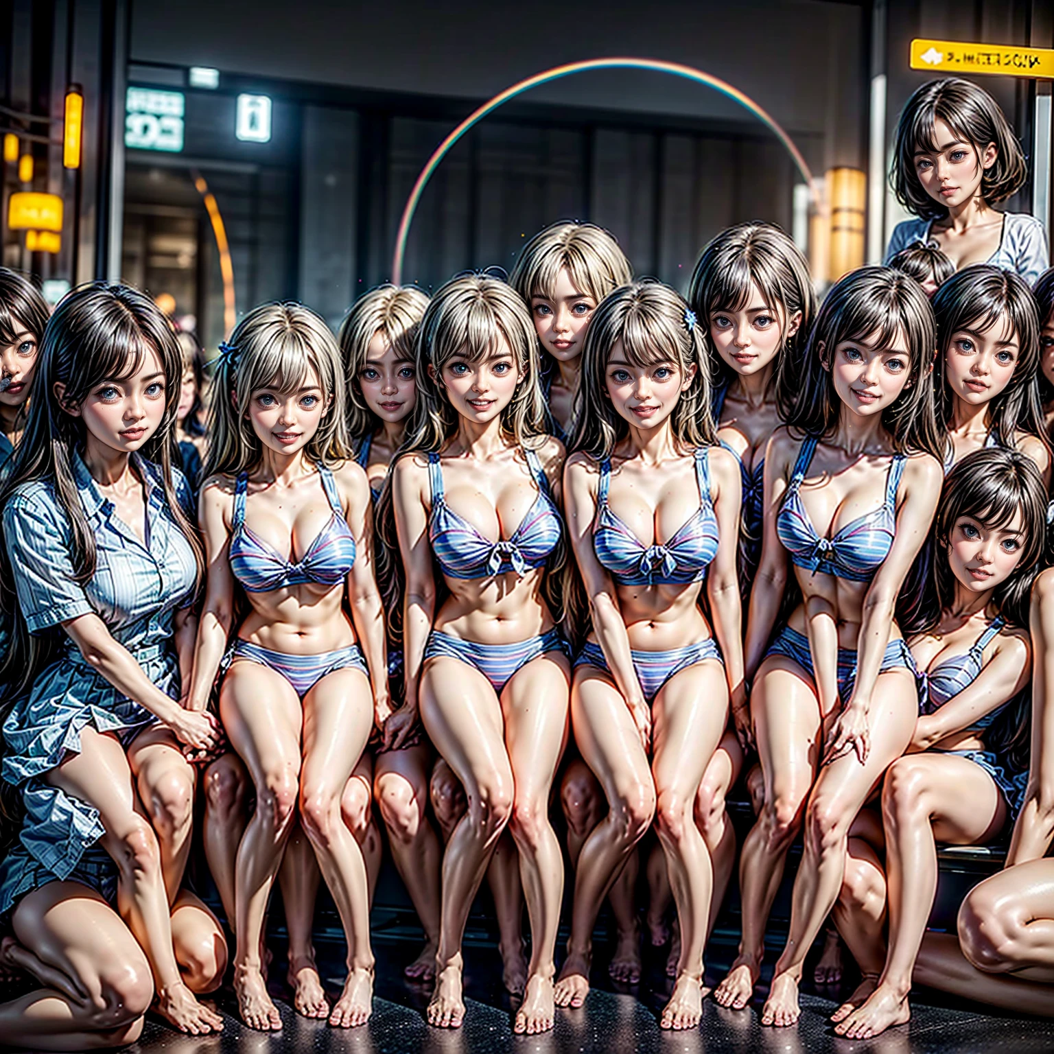 ((ExtremelyDetailed (PUNIPUNI KAWAII 12 Girls in a row:1.37) (Shibuya) scramble crossing)), (masterpiece 8K TopQuality:1.2) (ProfessionalPhoto:1.37), {(Standing Full Body:1.2)|Dancing}, Different types of hair colors, {((White skinny school swimwear))|(SchoolUniform)|Tutu}, {Corrected BabyLike hand|Hiddenhand}, (Joyful Expressions LifeLike Rendering), PerfectLighting (RainbowColor particles:1.2)(Dazzling Blurred ColorfulLights) MotionBlur BREAK (Acutance:0.8) Impeccable Radiant PearlSkin with Transparency . (Exposed:-0.6)(no extra arm, no extra hand)