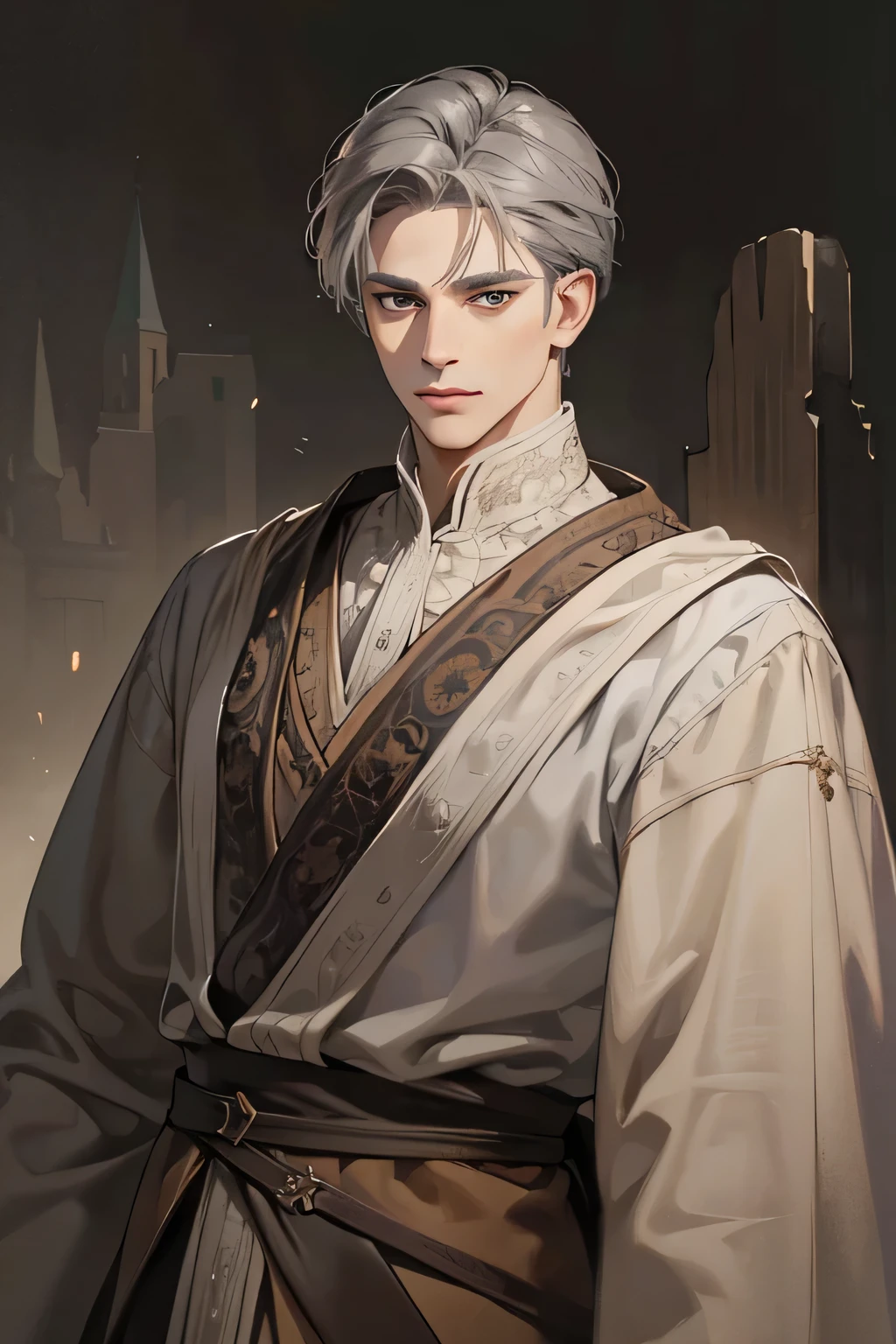 (Best quality),1 man, male, old man, very tall, elegant, (((short medium dark grey hair))), dark brown eyes, perfect eyes, lilac hair, medieval fantasy style,  richly textured background, soft lighting, portrait style, painting style, half body, look at camera view, brown eyes