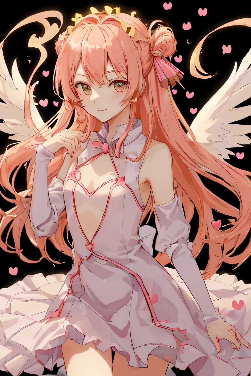 1_girl, (anime, kawai:2), (masterpeice, best_quality, simple, cute, dreamy, vibrant, clean:1.5), (cute, cute_smile, young:1.8), (delicate, beautiful, thin:1.5), (girlfriend, angel:1.6), (green_eyes, simple_eyes:1.5) (long_hair, blond_hair, wearing_pink_dress, pink_angel_wings, sexy_gloves:1.5), extremely_delicate, (love_magic:1.5), (age_size_fits_body), (small_thighs:1.3), (breasts), (eye_level:1.3), (heart_magic, love:1.5),