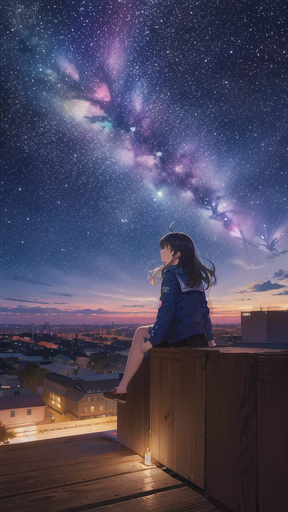 octans, sky, star (sky), scenery, starry sky, night, 1girl, night sky, solo, outdoors, building, cloud, milky way, sitting, tree, long hair, city, silhouette, cityscape