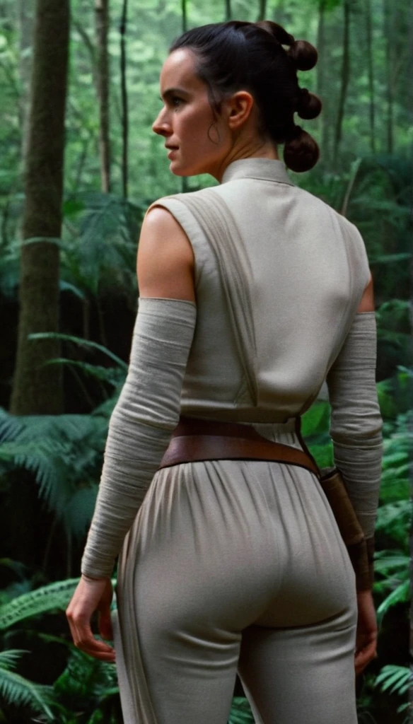 cinematic film still rey, highly detailed, high budget Hollywood movie by barry jenkins, ((she is showing her very small ass)), (nsfw), solo 1 woman, ass is focus but its still covered in the pants, (sideprofile), rey wears her outfit without scarves, very flat small breasts covered behind the clothes, the foto is shot from the side and shows rey