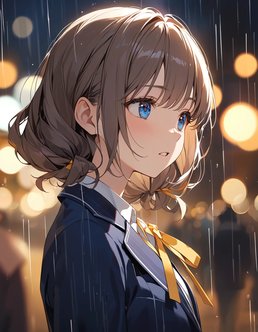 (Highest qualityのイラスト:1.2), (pretty girl:1.1), (1 girl、17 years old、Highest qualityのイラスト:1.2), (1 girl、Small breasts、blue eyes)、 Brown Hair、short hair、Wavy Hair、Curly Hair、Low Twintails、(Highest quality、Very detailed、Very detailed and beautiful、Ultra-high resolution) 、、,{Dark Blue Blazer、White shirt、Yellow ribbon、Grey pleated skirt}、throw、Soft focus ground bokeh、、from side, Gazing into the distance、rain