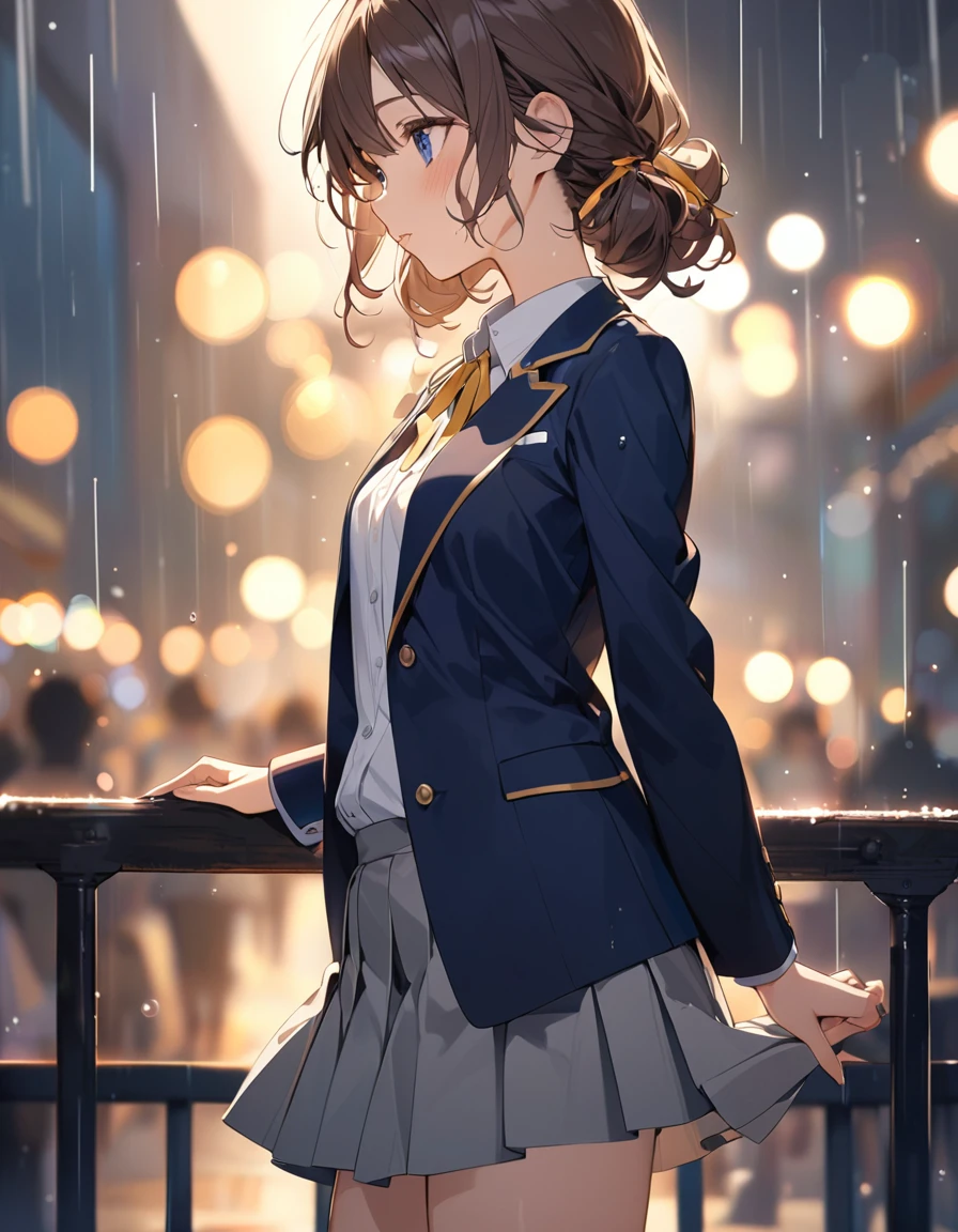 (Highest qualityのイラスト:1.2), (pretty girl:1.1), (1 girl、17 years old、Highest qualityのイラスト:1.2), (1 girl、Small breasts、blue eyes)、 Brown Hair、short hair、Wavy Hair、Curly Hair、Low Twintails、(Highest quality、Very detailed、Very detailed and beautiful、Ultra-high resolution) 、、,{Dark Blue Blazer、White shirt、Yellow ribbon、Grey pleated skirt}、throw、Soft focus ground bokeh、、from side, Gazing into the distance、rain