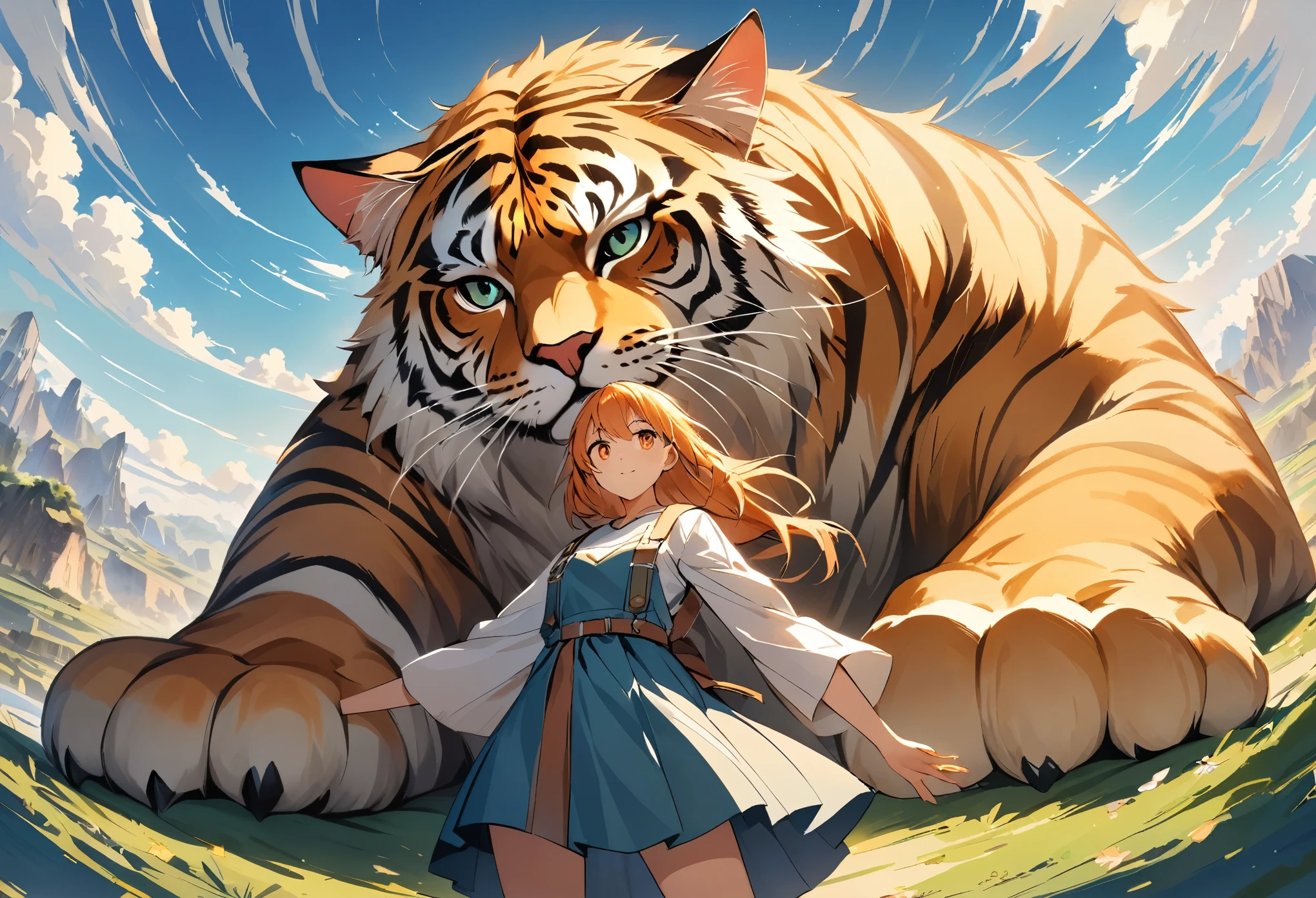 A wide-angle shot showing a young female high school student in a lying happily on the back of a massive, majestic feline creature. The cat has a powerful, muscular body covered in thick, lustrous fur that shimmers in various shades of orange, red, and gold. Its face is regal and leonine, with piercing eyes and a strong, angular jawline. The girl reclines gracefully on the cat’s broad back, her skirt billowing slightly in the wind as she clings to the creature’s thick fur with a joyful, awestruck expression. The cat moves with a graceful, effortless stride, its paws leaving no trace as it dashes through the fantastical landscape. The composition places the cat and girl prominently in the center of the frame, viewed from a frontal perspective. The overall aesthetic has an anime or illustration-like style.