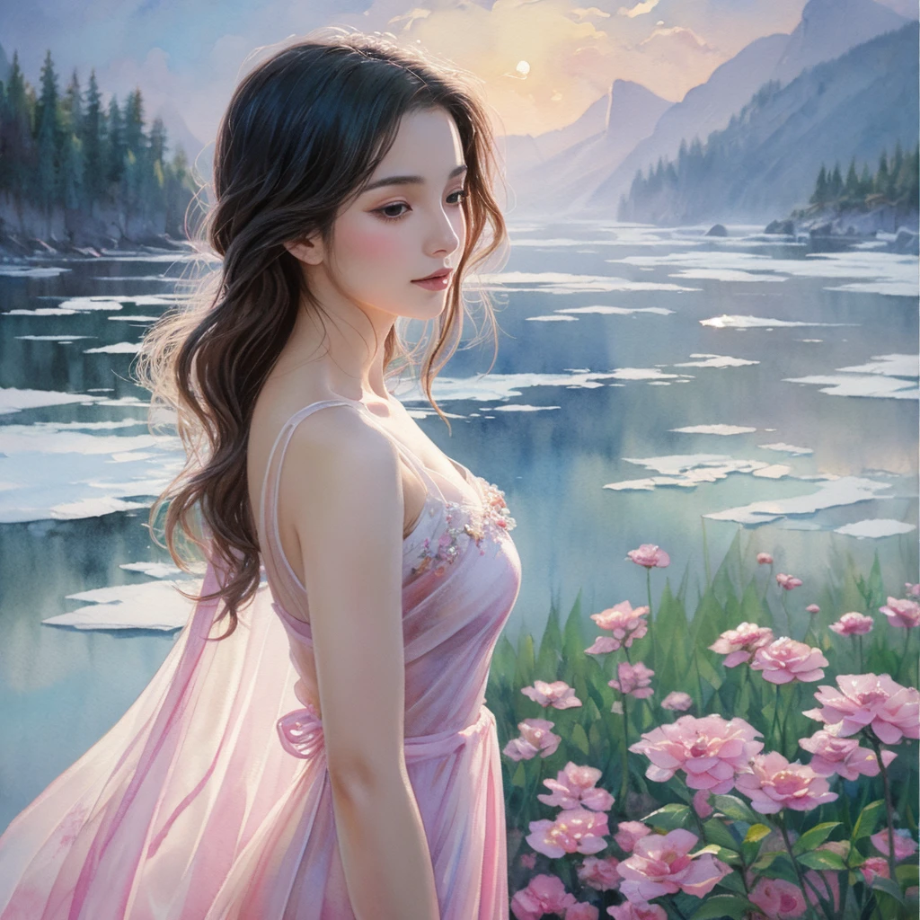 impasto oil watercolor, alcohol painting, graceful beautiful gorgeous Chinese girl,
full of radiant love, merciful, holy and pure soul of the fairy, dressed in silk,
by Pino Daeni, chiaroscuro, 3d arctic white and pink diaphanous smoke
and glacial white swirling diaphanous fog, romantic impressionism,
high saturation, white background, 8k