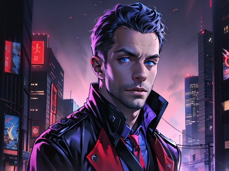 male, white purple combed back, blue eyes, blue leather jacket with red lining, black shirt, red tie, black vest. A detailed eye. City at night background.