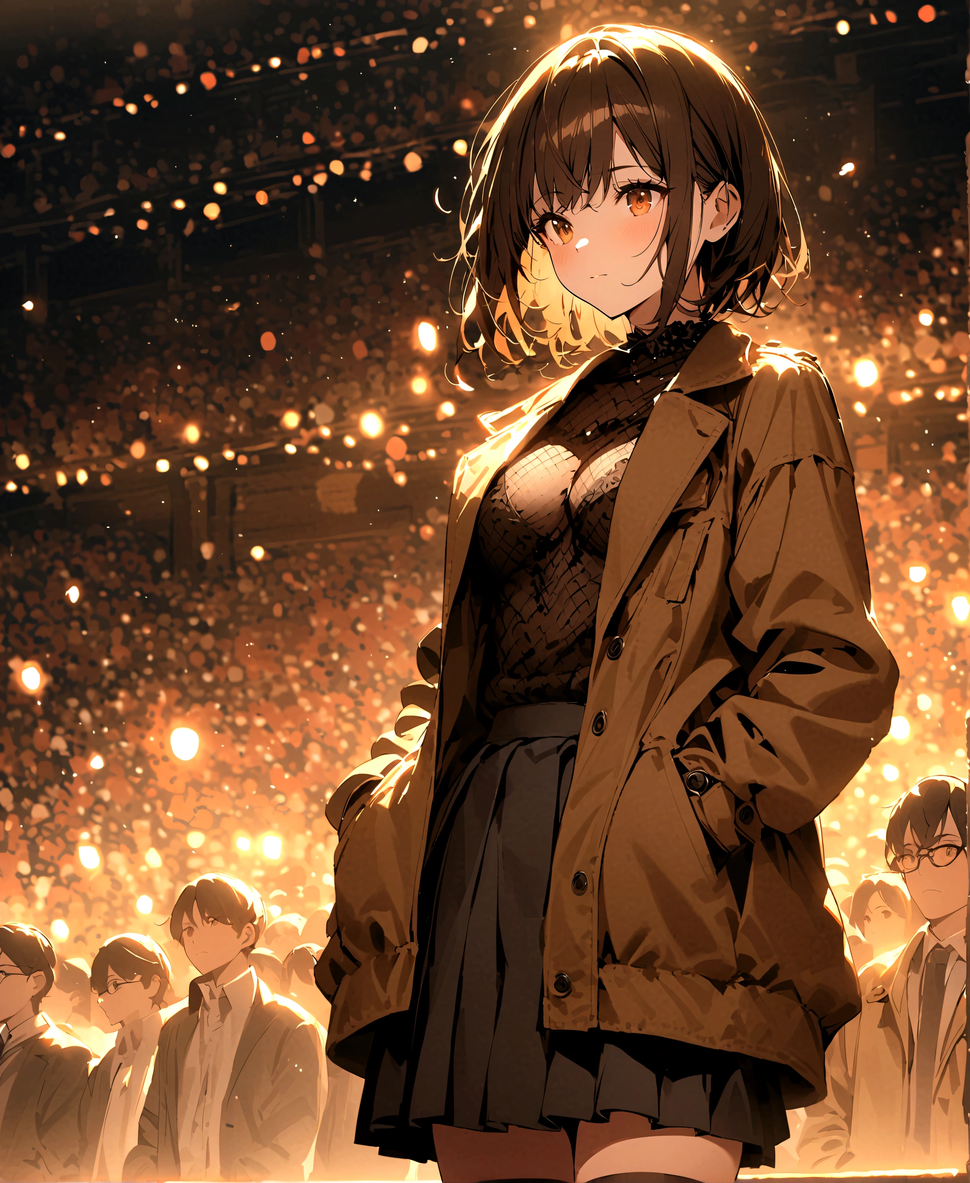 ank0、Female 1 person、Brown jacket、mesh、Fully clothed、skirt、The jacket covers the chest、Hands in pockets、Watching the audience 、score_9、score_8_up、score_7_up