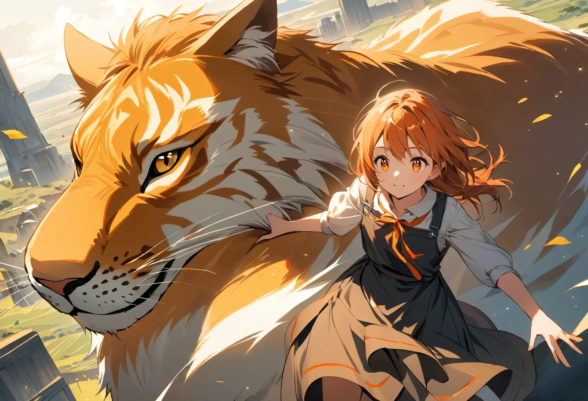 A wide-angle shot showing a young female high school student in a lying happily on the back of a massive, majestic feline creature. The cat has a powerful, muscular body covered in thick, lustrous fur that shimmers in various shades of orange, red, and gold. Its face is regal and leonine, with piercing eyes and a strong, angular jawline. The girl reclines gracefully on the cat’s broad back, her skirt billowing slightly in the wind as she clings to the creature’s thick fur with a joyful, awestruck expression. The cat moves with a graceful, effortless stride, its paws leaving no trace as it dashes through the fantastical landscape. The composition places the cat and girl prominently in the center of the frame, viewed from a frontal perspective. The overall aesthetic has an anime or illustration-like style.