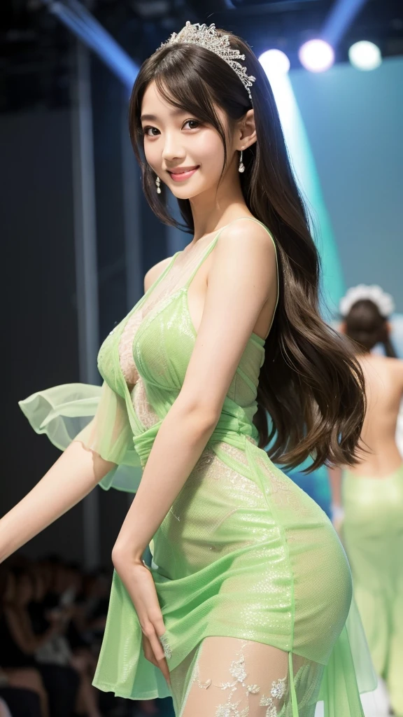 Amazingly large eyes、Smiling face、Large Bust、Slender and white skin、Long hair Japanese woman、20-year-old、Slim figure、A y, sheer, light green mermaid dress with a mini length and sheer lace all over.、Bright photo images、Walking towards me down the runway at a fashion show。