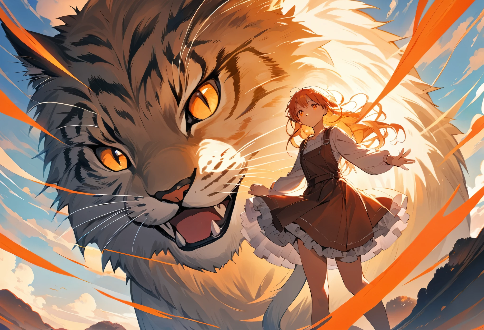 A wide-angle shot showing a young female high school student in a lying happily on the back of a massive, majestic feline creature. The cat has a powerful, muscular body covered in thick, lustrous fur that shimmers in various shades of orange, red, and gold. Its face is regal and leonine, with piercing eyes and a strong, angular jawline. The girl reclines gracefully on the cat’s broad back, her skirt billowing slightly in the wind as she clings to the creature’s thick fur with a joyful, awestruck expression. The cat moves with a graceful, effortless stride, its paws leaving no trace as it dashes through the fantastical landscape. The composition places the cat and girl prominently in the center of the frame, viewed from a frontal perspective. The overall aesthetic has an anime or illustration-like style.